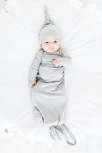 Load image into Gallery viewer, baby boy wearing our knotted baby gown in heathered grey and top knot hat in heathered grey