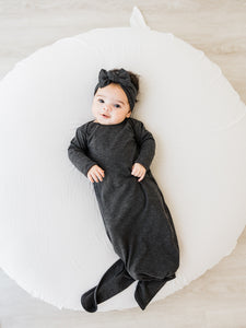 knotted baby gown and headband in charcoal grey