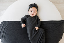 Load image into Gallery viewer, baby headband, gown and swaddle blanket in charcoal grey