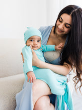 Load image into Gallery viewer, baby gown and hat in robin&#39;s egg blue