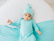 Load image into Gallery viewer, baby gown, hat and swaddle blanket in robin&#39;s egg blue
