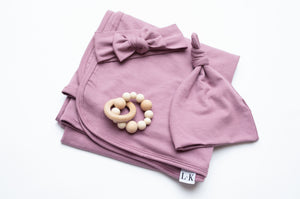 Mauve purple Swaddle blanket, hat and headband