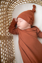 Load image into Gallery viewer, Knotted Baby Gown and Top Knot Hat in the colour Rust